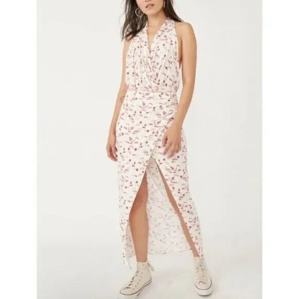 Free People Daria Knit Halter Faux Wrap Long Dress Ivory Abstract Sun Moon Print